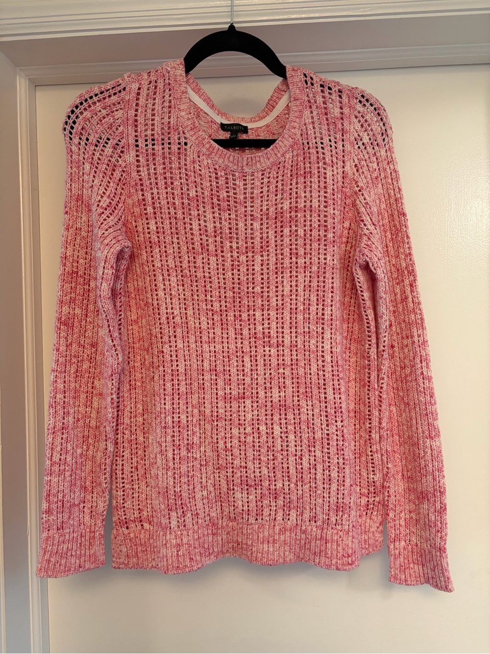 NWT Talbots - Open-stitch 100% Cotton Sweater - marled pink/white - size S